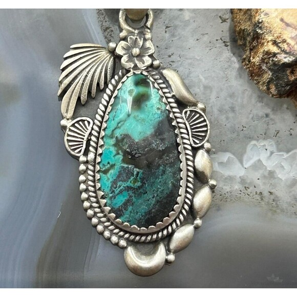 Sterling Southwestern Style Teardrop Turquoise Decorated Pendant For Women - Picture 6 of 10